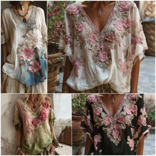 🌺【Ofertă limitată】Bluză elegantă cu imprimeu floral și decolteu adânc în V 【S-4XL】