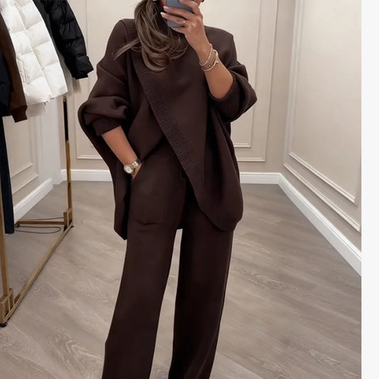 🔥 49% zniżki! Nowość! Dwuczęściowy komplet damski – asymetryczny sweter + spodnie z szerokimi nogawkami, luźny krój, miękki materiał, superwygodny👚 Darmowa wysyłka✨