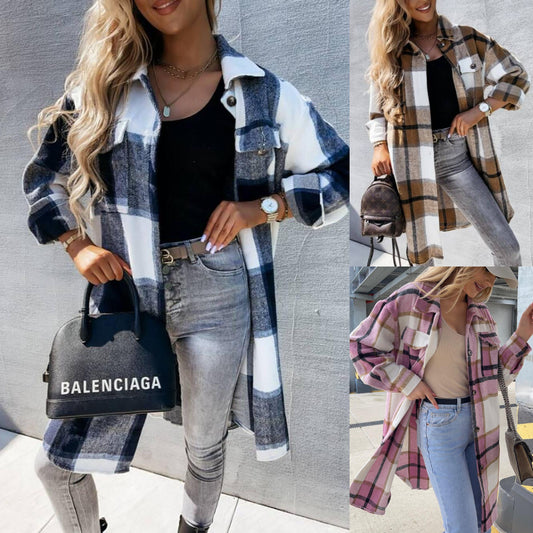 【S-2XL】Jachetă tip cămașă în carouri, lungime medie