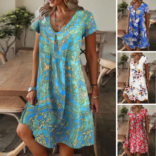 💕【S-5XL】Rochie lejeră de vară cu imprimeu larg, cu decolteu în V și mâneci scurte