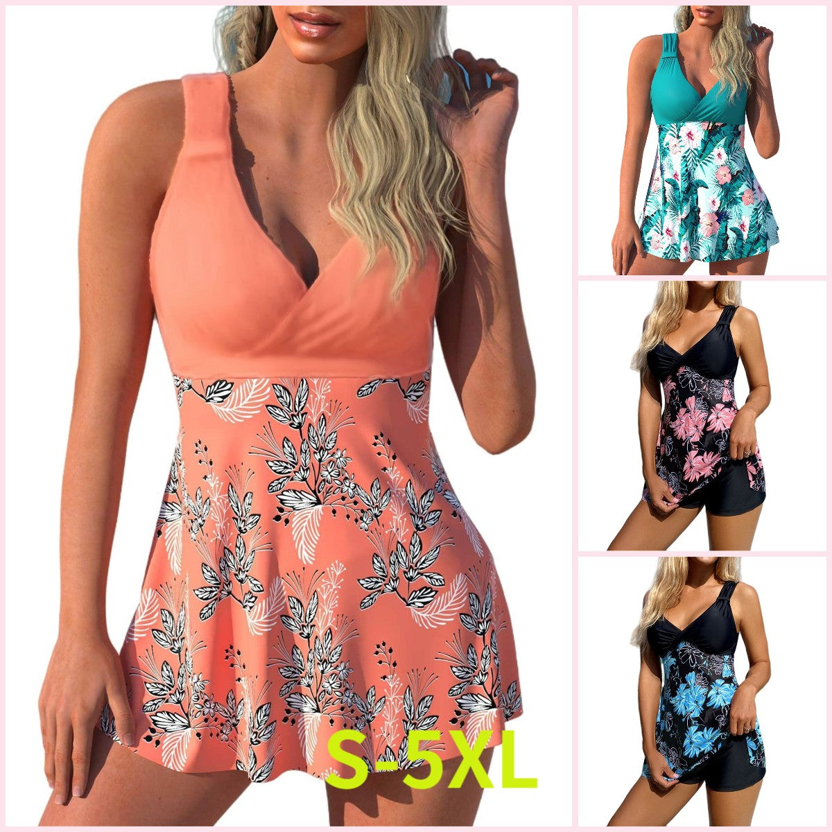 🌴🏖️🌈【S-5XL】😍 Duży damski zestaw kostiumów kąpielowych z nadrukiem, spodenki, spódniczka do pływania z odkrytymi plecami, szybkoschnący materiał