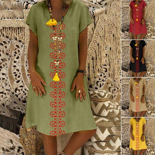 👗【S-5XL】Rochie din bumbac cu imprimeu și decolteu în V