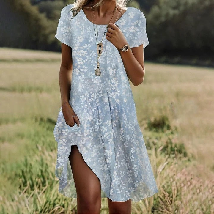 💖【S-3XL】👗2025 nowa sukienka na co dzień z okrągłym dekoltem i nadrukiem na wiosnę i lato