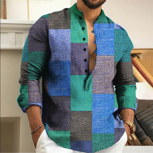 【S-3XL】Pánská košile z bavlny a lnu s geometrickým vzorem