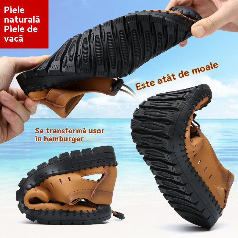 🌟 【39-44】Męskie, skórzane, letnie, zamknięte sandały plażowe z wydrążonymi palcami👞✨