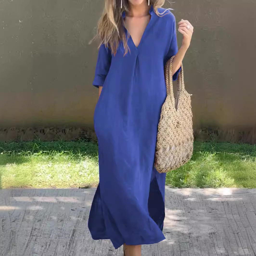 🌿💃【S–3XL】Rochie lungă din în cu decolteu în V și crăpături, confortabilă și ușoară pentru vară 
