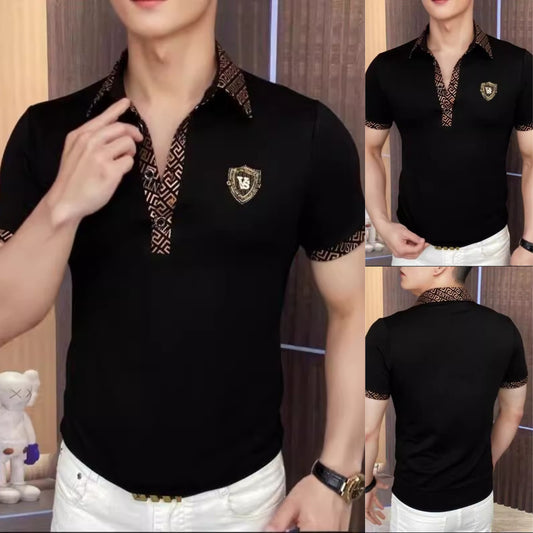 【🔥Promoție fierbinte】👕‍♂️ Tricou polo elegant cu rever pentru bărbați - negru classic cu broderie rafinată 
