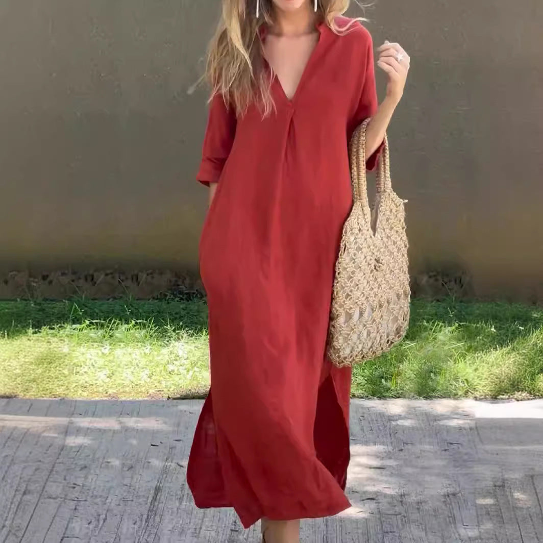 🌿💃【S–3XL】Rochie lungă din în cu decolteu în V și crăpături, confortabilă și ușoară pentru vară 