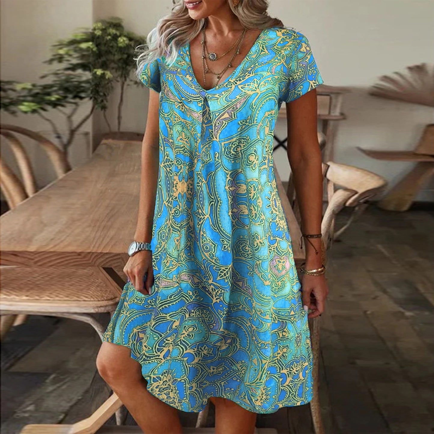 💕【S-5XL】Rochie lejeră de vară cu imprimeu larg, cu decolteu în V și mâneci scurte