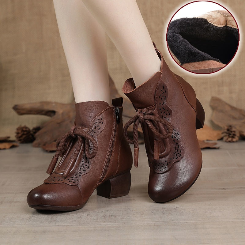 Damskie zimowe botki z miękkiej skóry, okrągły nosek, średni obcas, wyściółka z polaru, antypoślizgowe, miękka podeszwa【35-40】