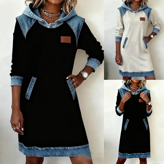 🔥🌷🌞Nova zimska modna patchwork obleka s kapuco iz džinsa