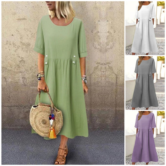 【S-3XL】Rochie de damă vintage din bumbac cu gâtul rotund 