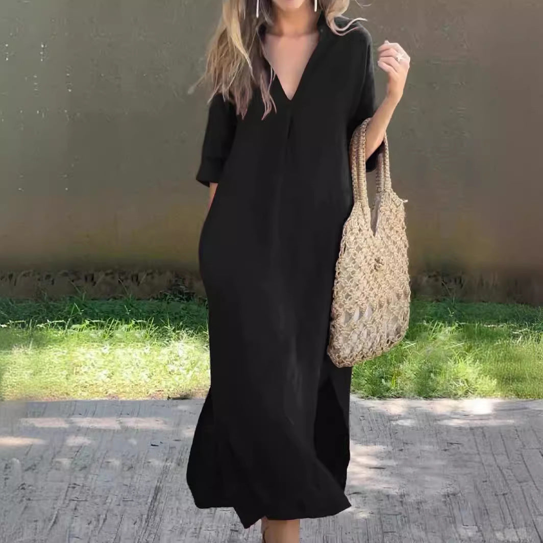 🌿💃【S–3XL】Rochie lungă din în cu decolteu în V și crăpături, confortabilă și ușoară pentru vară 