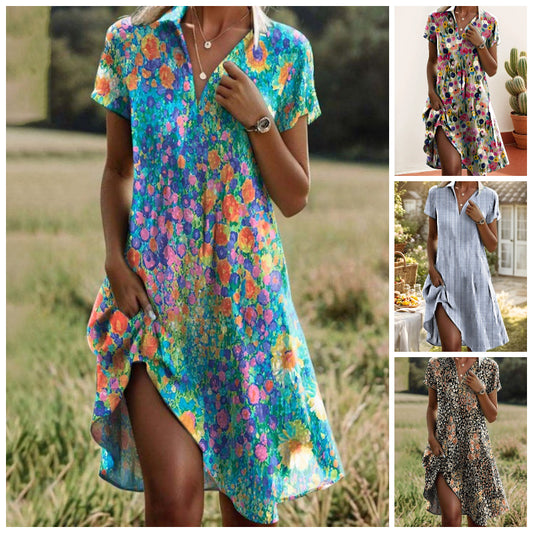 Hot Buy✨Rochie casual cu decolteu în V imprimată cu mâneci scurte