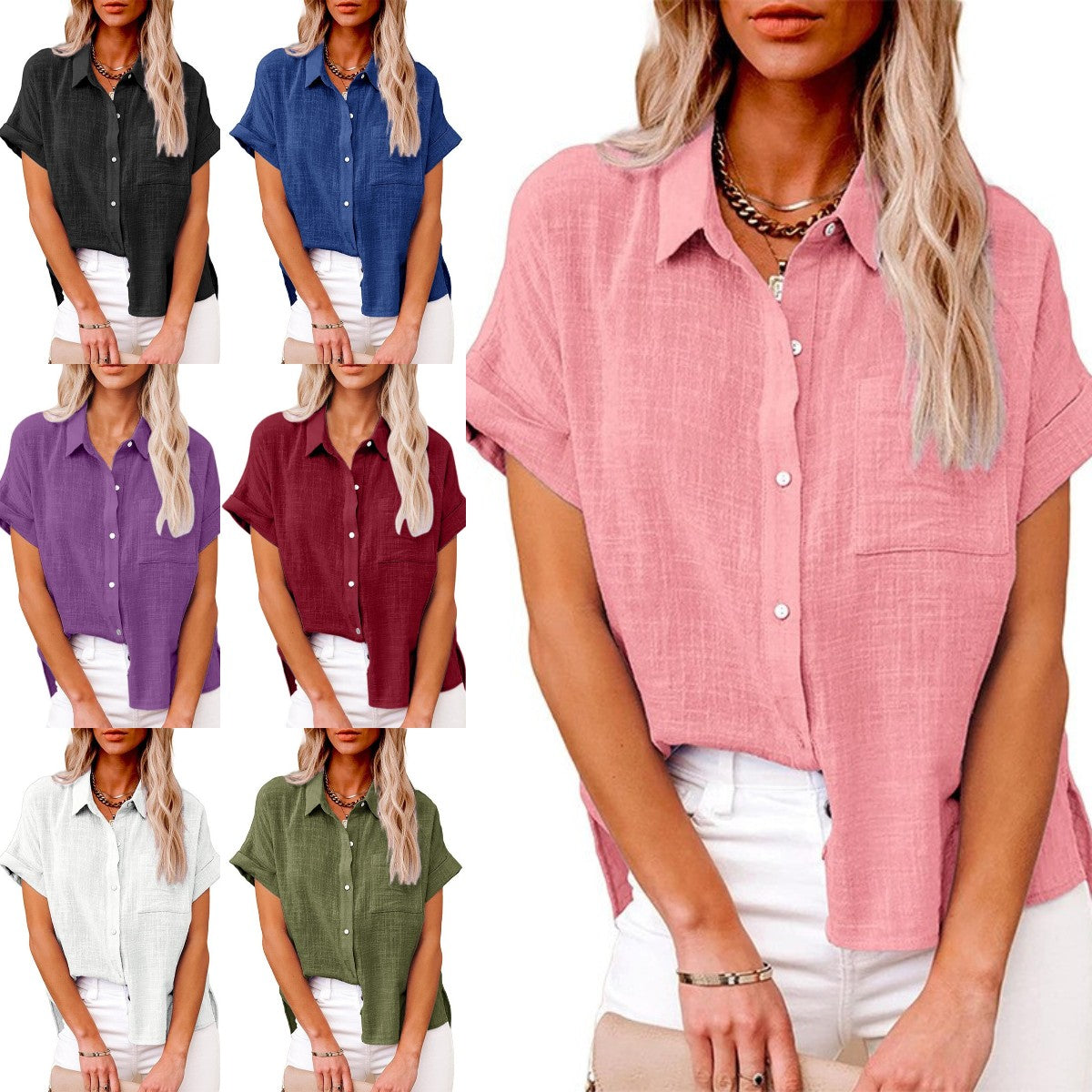 🌼【S-5XL】Cămașă lejeră lejeră din in de culoare uni cu mâneci scurte