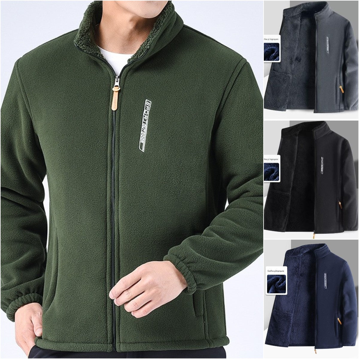 Męska kurtka polarowa (XL-6XL), ze stójką, zapinana na zamek, luźna i wygodna.