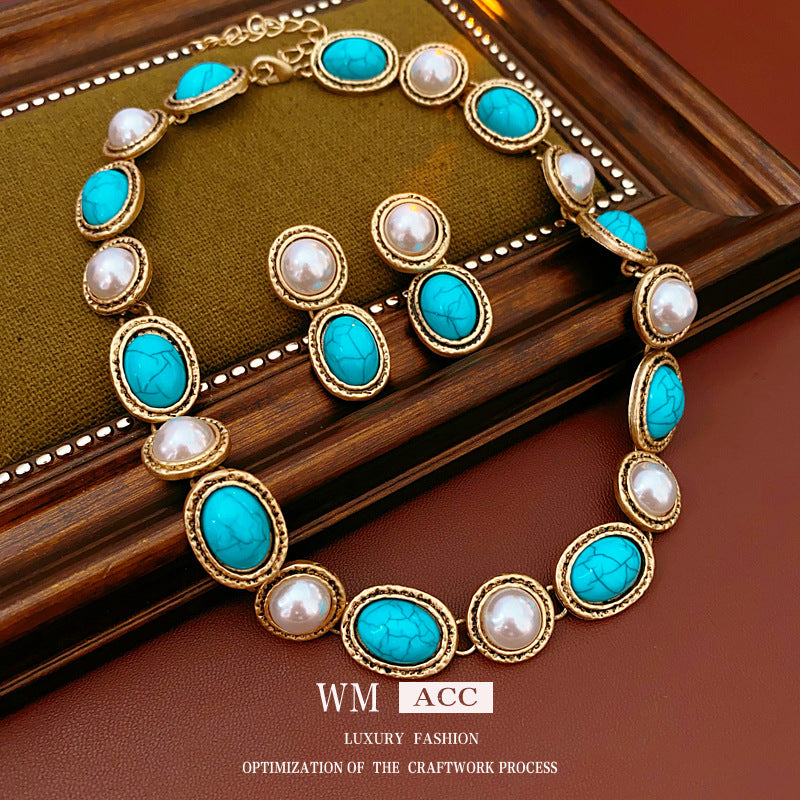 ✨ Colier & Cercei vintage cu perle turcoaz | Set bijuterii premium