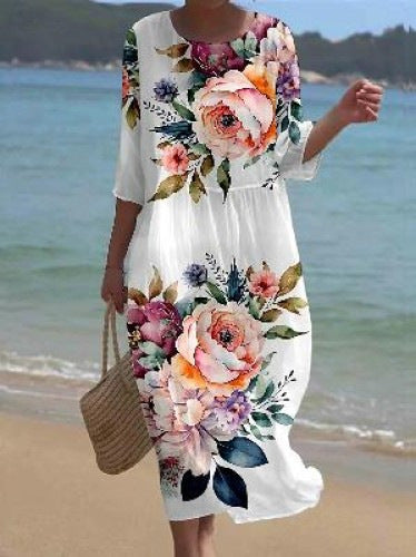 🌸🔥【S-8XL】2025 noua rochie cu imprimeu floral decolteu rotund 