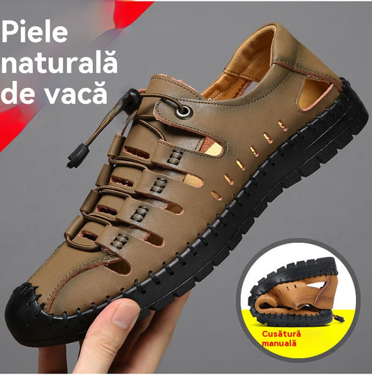 🌟 【39-44】Męskie, skórzane, letnie, zamknięte sandały plażowe z wydrążonymi palcami👞✨