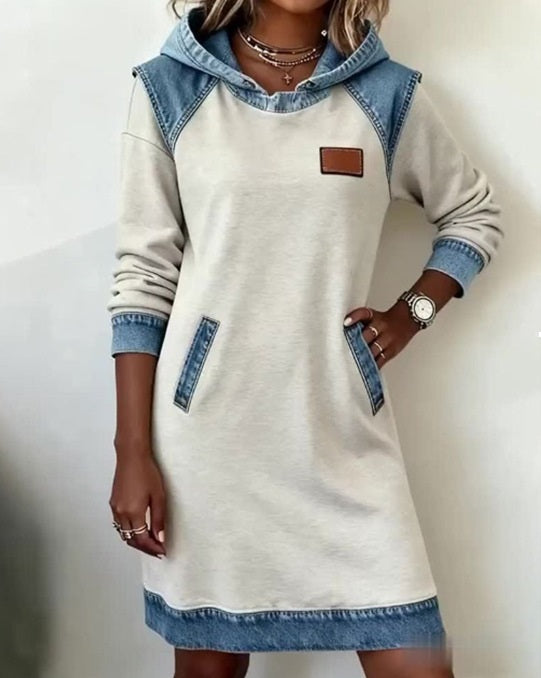 🔥🌷🌞Nova zimska modna patchwork obleka s kapuco iz džinsa