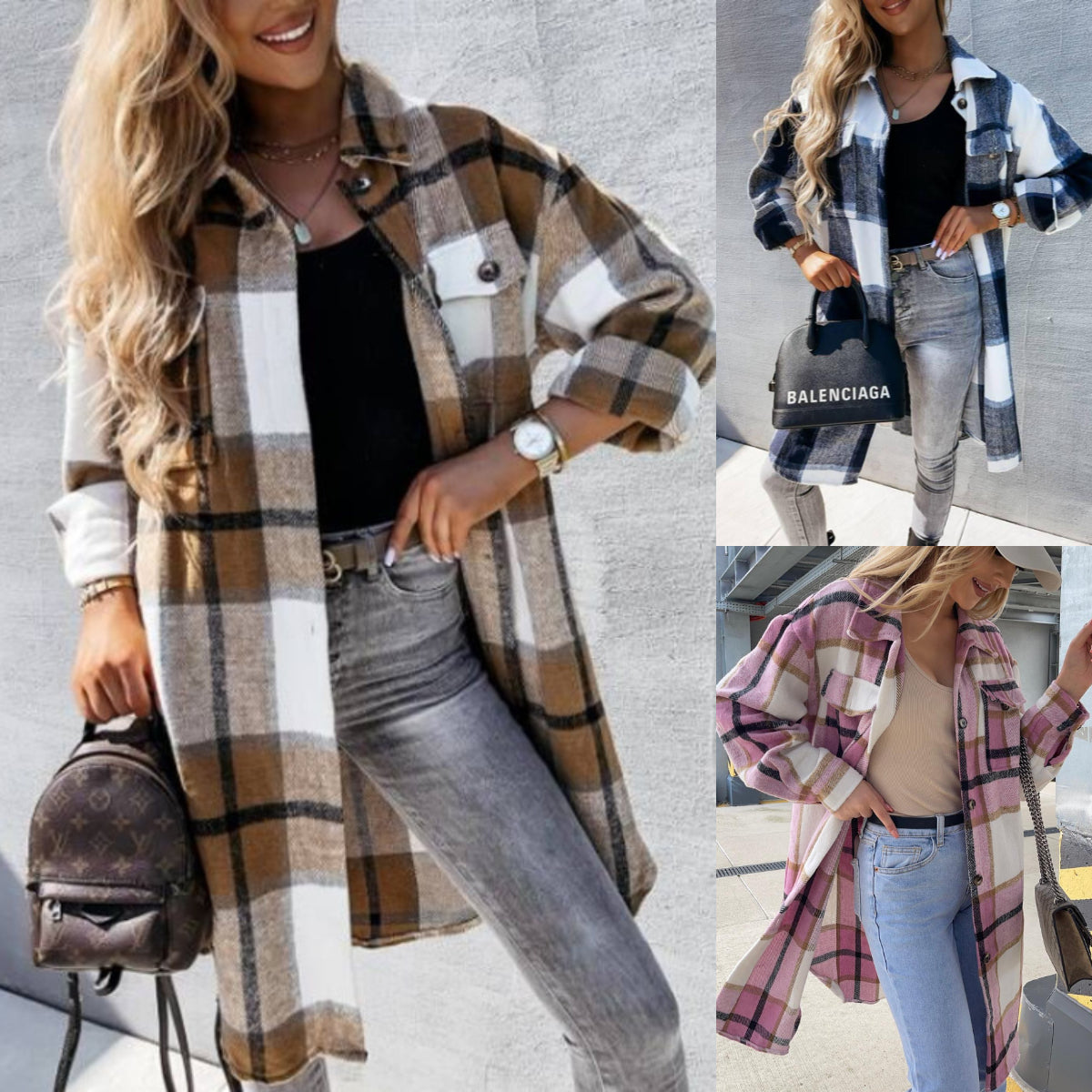 【S-2XL】Jachetă tip cămașă în carouri, lungime medie