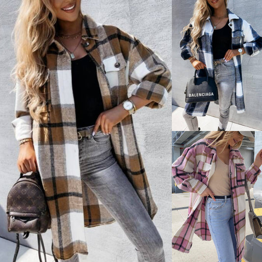 【S-2XL】Jachetă tip cămașă în carouri, lungime medie