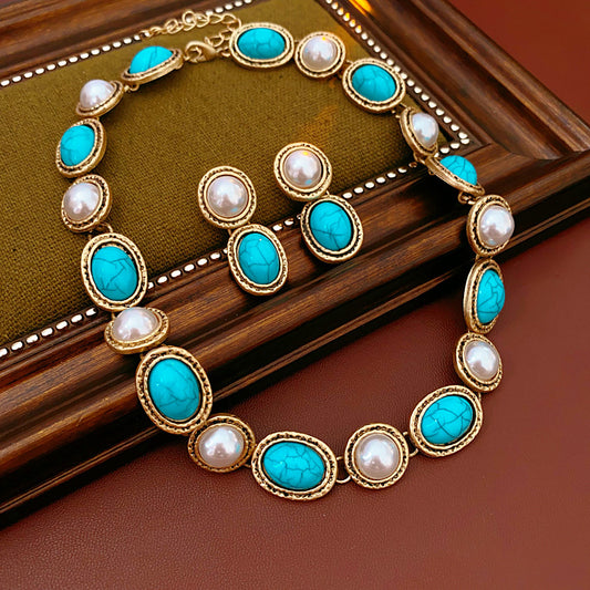 ✨ Colier & Cercei vintage cu perle turcoaz | Set bijuterii premium