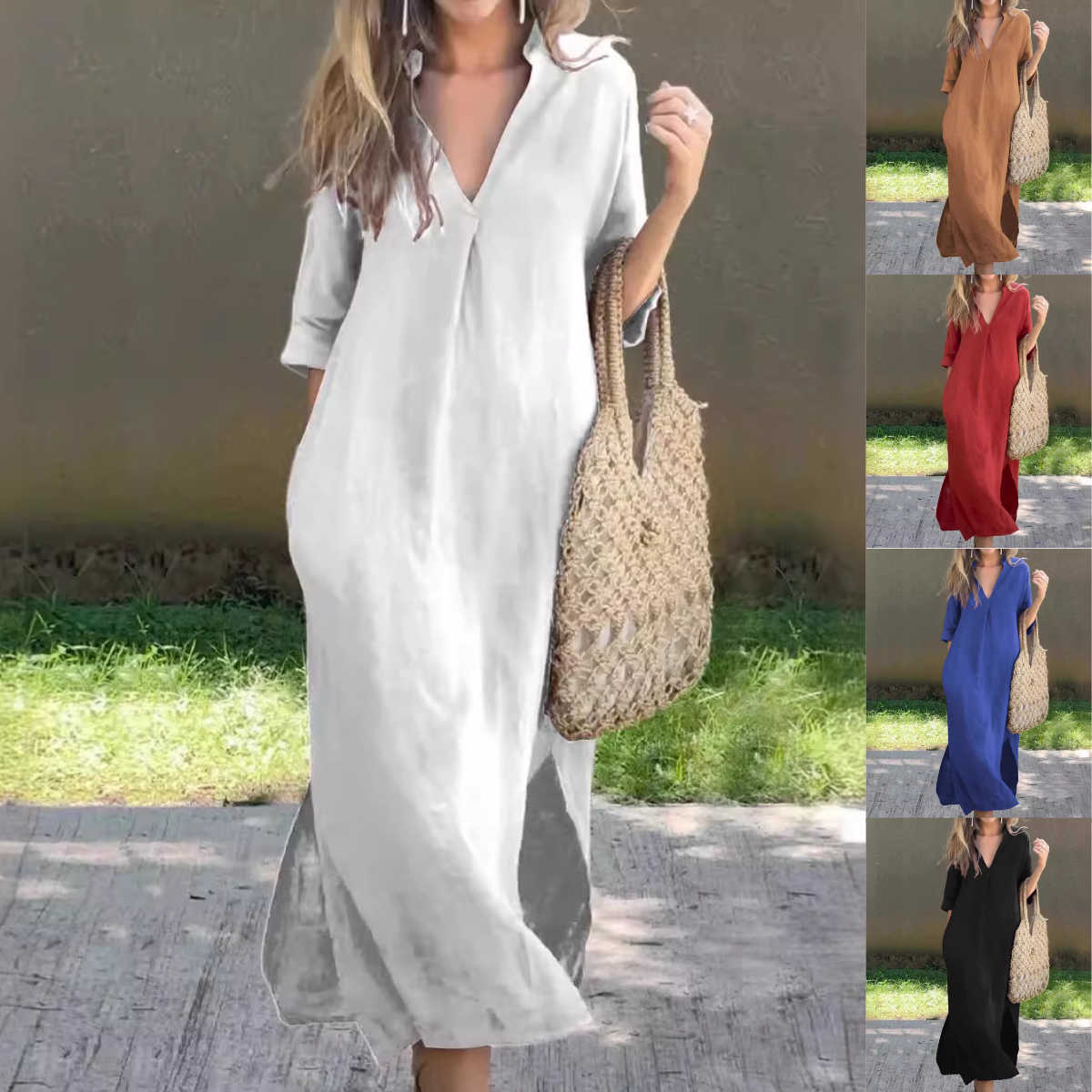 🌿💃【S–3XL】Rochie lungă din în cu decolteu în V și crăpături, confortabilă și ușoară pentru vară 