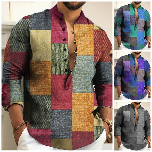 【S-3XL】Pánská košile z bavlny a lnu s geometrickým vzorem