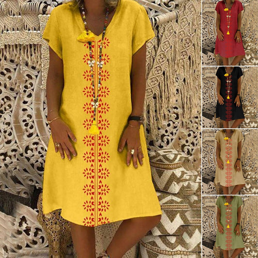 👗【S-5XL】Rochie din bumbac cu imprimeu și decolteu în V