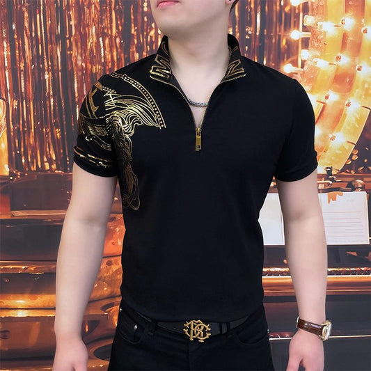 🔥【Vânzare excelentă】 Tricou polo elegant pentru bărbați, cu rever și fermoar - Negru clasic cu broderie rafinată