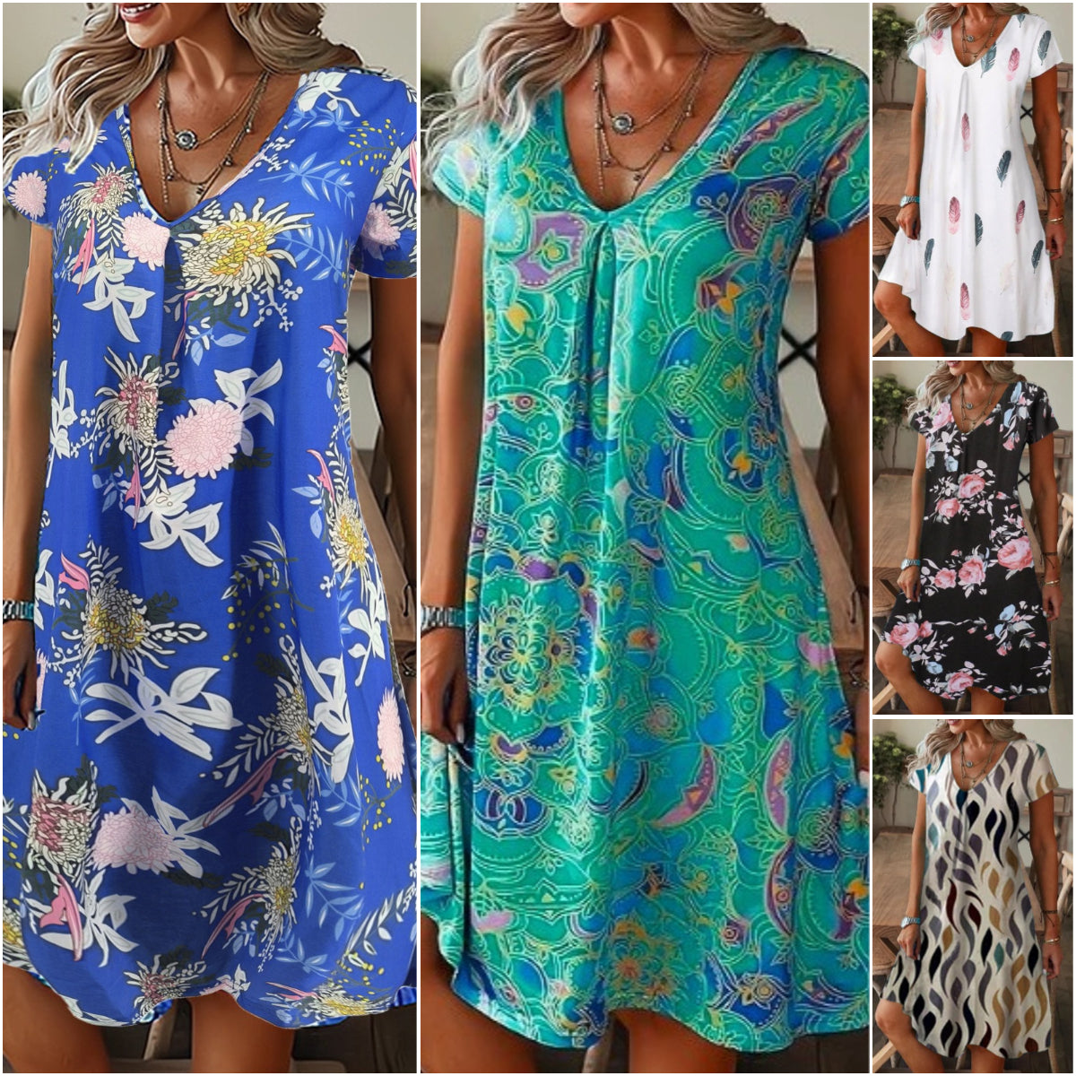 💕【S-5XL】Rochie lejeră de vară cu imprimeu larg, cu decolteu în V și mâneci scurte
