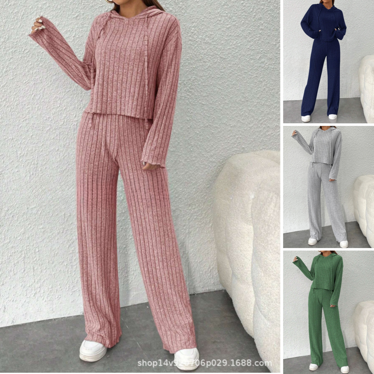 Ženski pleteni top s kapuco in široke hlače iz dveh delov