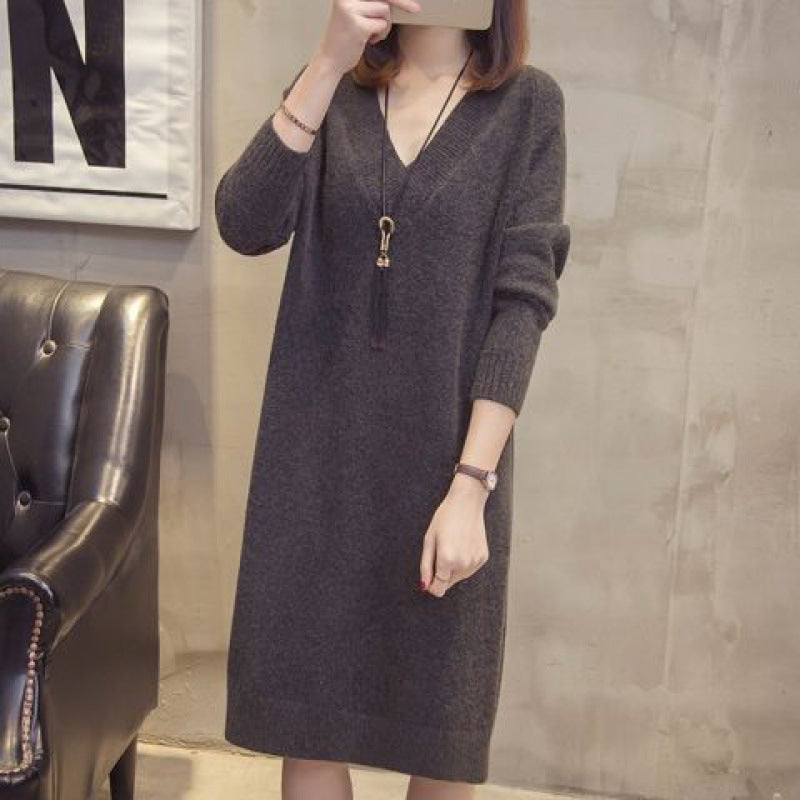 ✨【S-4XL】Nova jesensko/zimska pletena midi obleka z V-izrezom, velikosti Plus Size