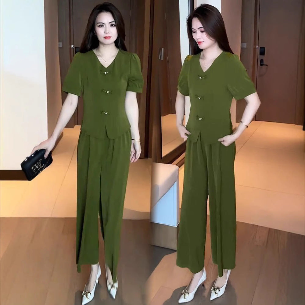 🌸【Top + Spodnie z szerokimi nogawkami】Modny garnitur z lodowego jedwabiu