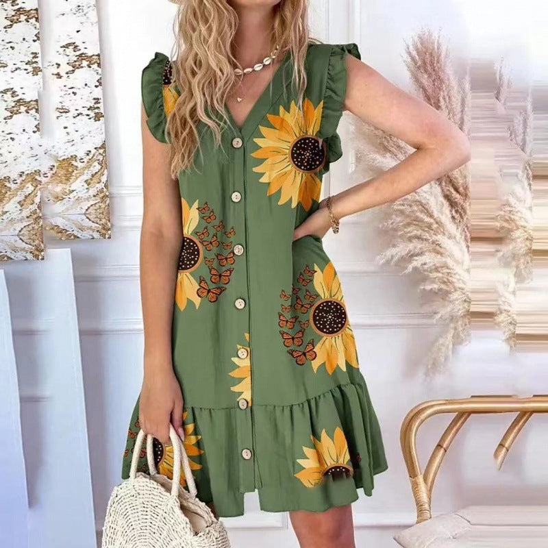 【S-2XL】2025 Rochie nouă cu decolteu în V cu imprimeu liber