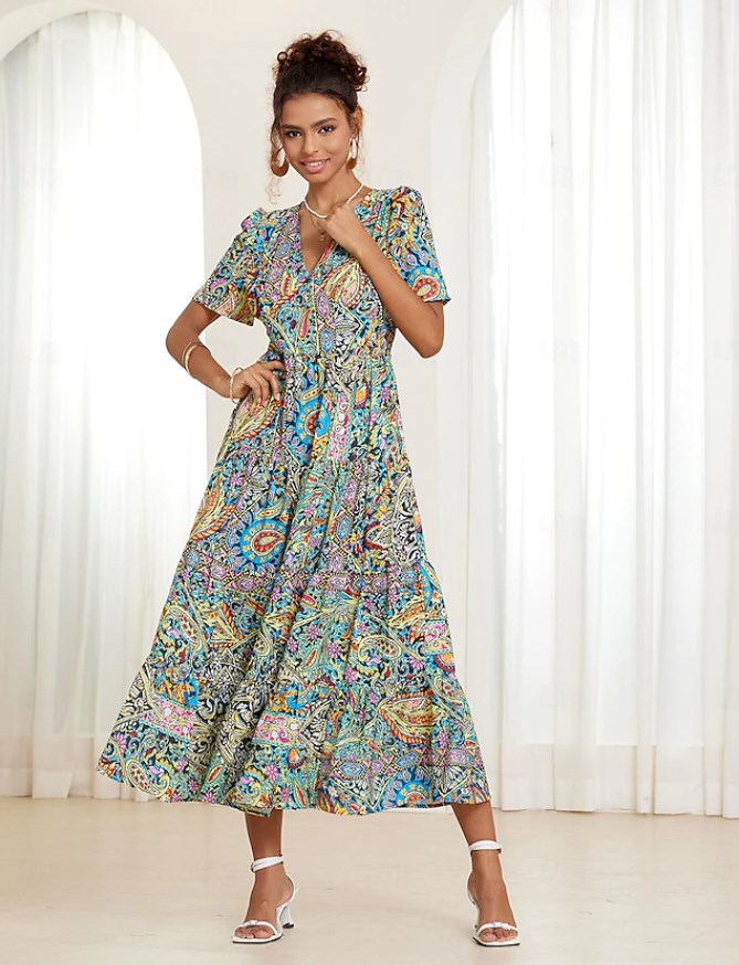 🌈【S-5XL】👗2025 Rochie nouă, sexy, cu decolteu în V, imprimată elegantă 