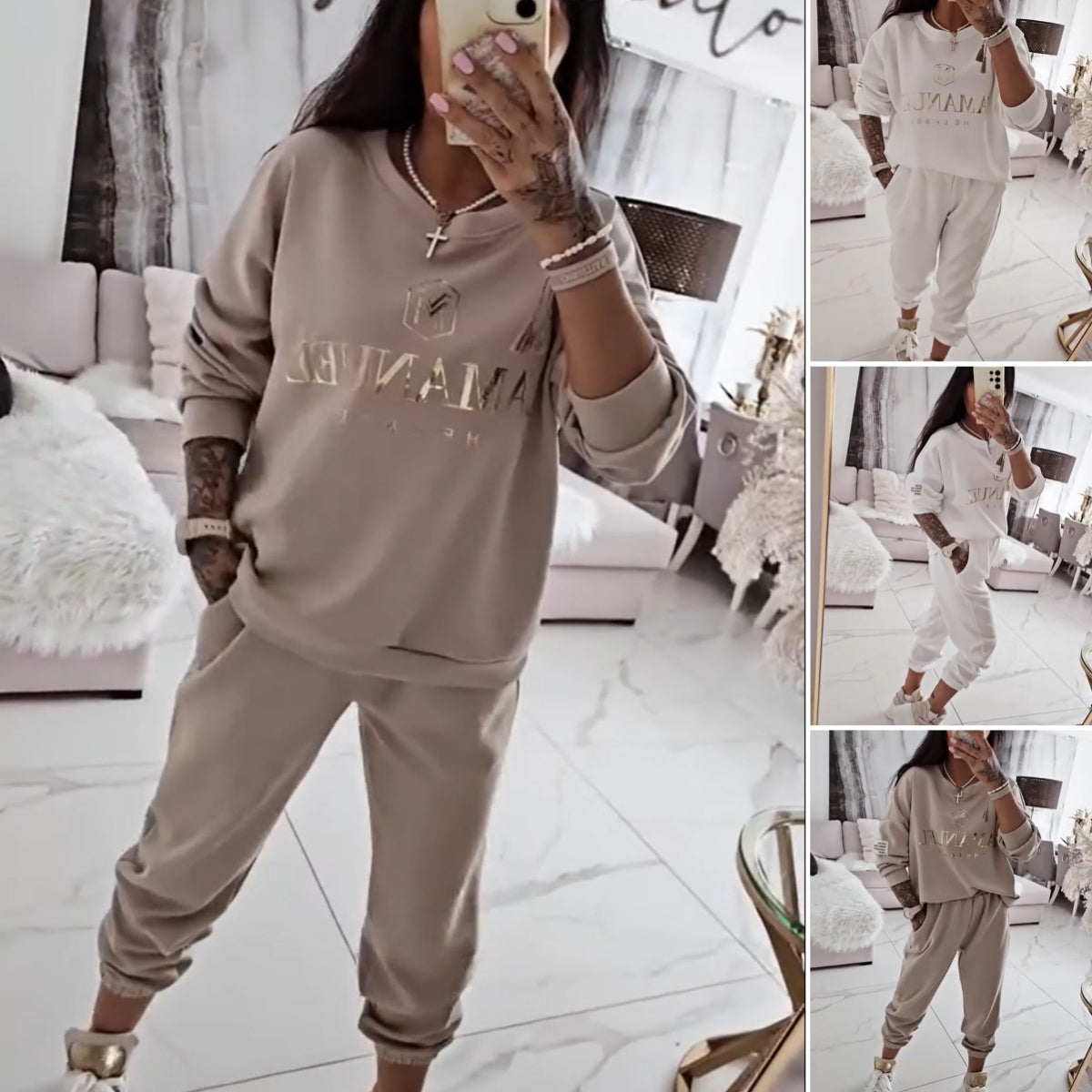 🍁Kupite jedan, dobijte jedan gratis🍂【S-5XL】Novi dolasci jesen-zima 2025. za žene, 100% pamuk, ležeran set s uzorkovanom majicom i širokim hlačama