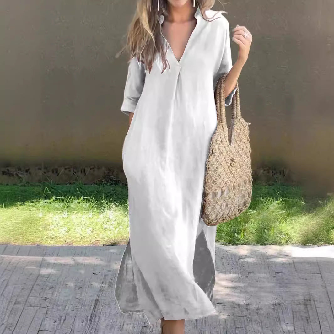 🌿💃【S–3XL】Rochie lungă din în cu decolteu în V și crăpături, confortabilă și ușoară pentru vară 