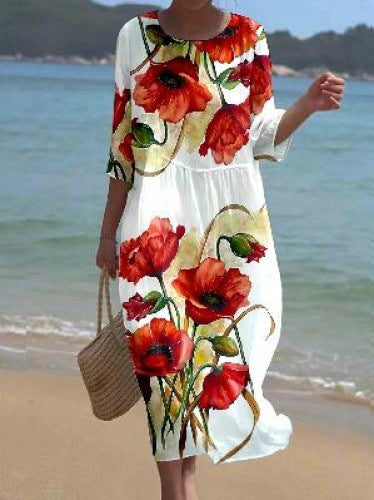 🌸🔥【S-8XL】2025 noua rochie cu imprimeu floral decolteu rotund 