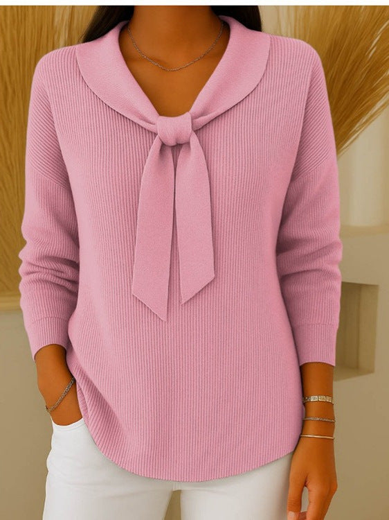 【S-2XL】Ženski enobarvni pulover z dolgimi rokavi in zavezovanjem, sproščen in ohlapen