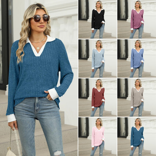 Nova ženska majica z dolgimi rokavi in reverji v ohlapnem kroju za jesen/zimo z barvnimi bloki