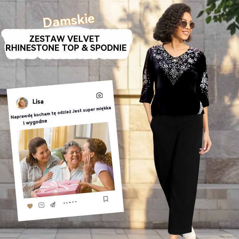 🍁🍂 【50% popust】💜 Ženski žametni komplet topa in hlač s kristali