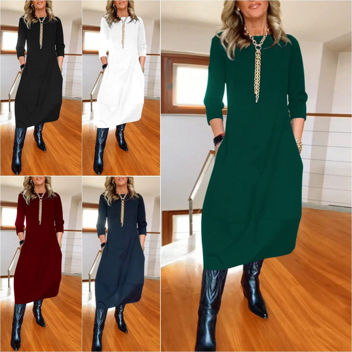 👗 Elegantna jednobojna haljina s dugim rukavima, udobna i praktična za svakodnevno nošenje