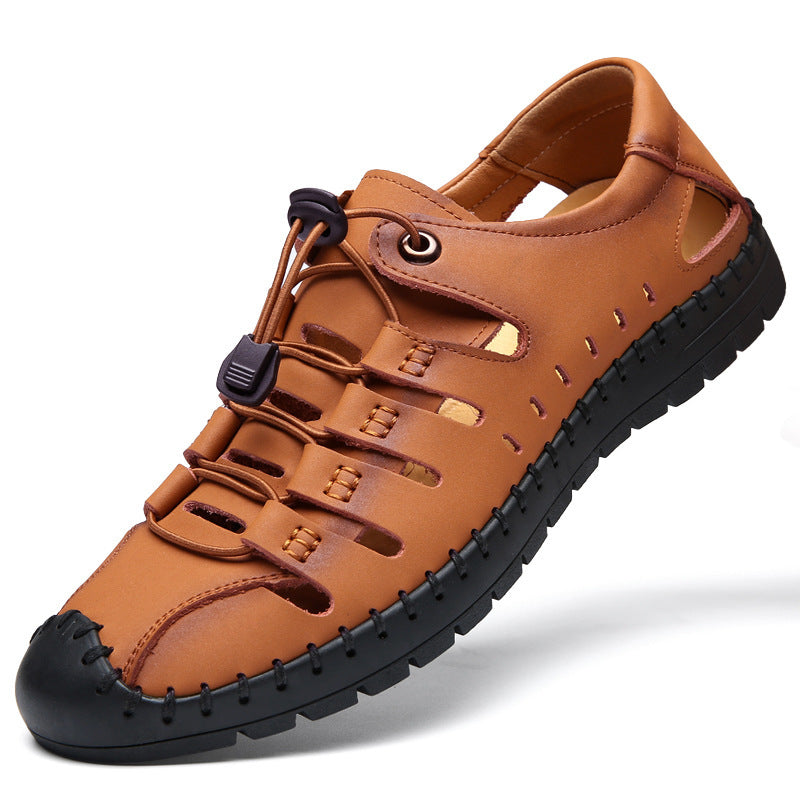 🌟 【39-44】Męskie, skórzane, letnie, zamknięte sandały plażowe z wydrążonymi palcami👞✨