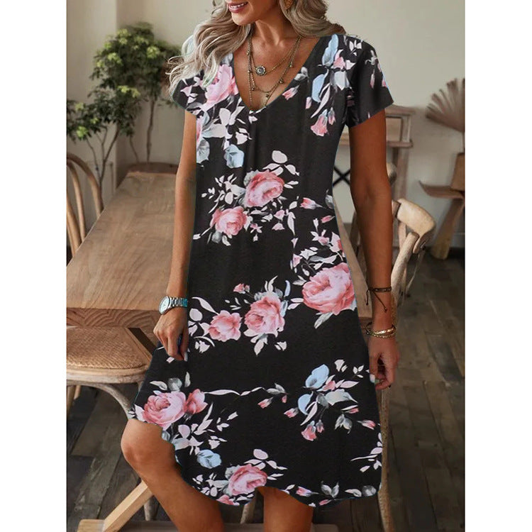 💕【S-5XL】Rochie lejeră de vară cu imprimeu larg, cu decolteu în V și mâneci scurte