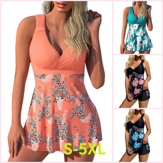 🌴🏖️🌈【S-5XL】😍 Duży damski zestaw kostiumów kąpielowych z nadrukiem, spodenki, spódniczka do pływania z odkrytymi plecami, szybkoschnący materiał
