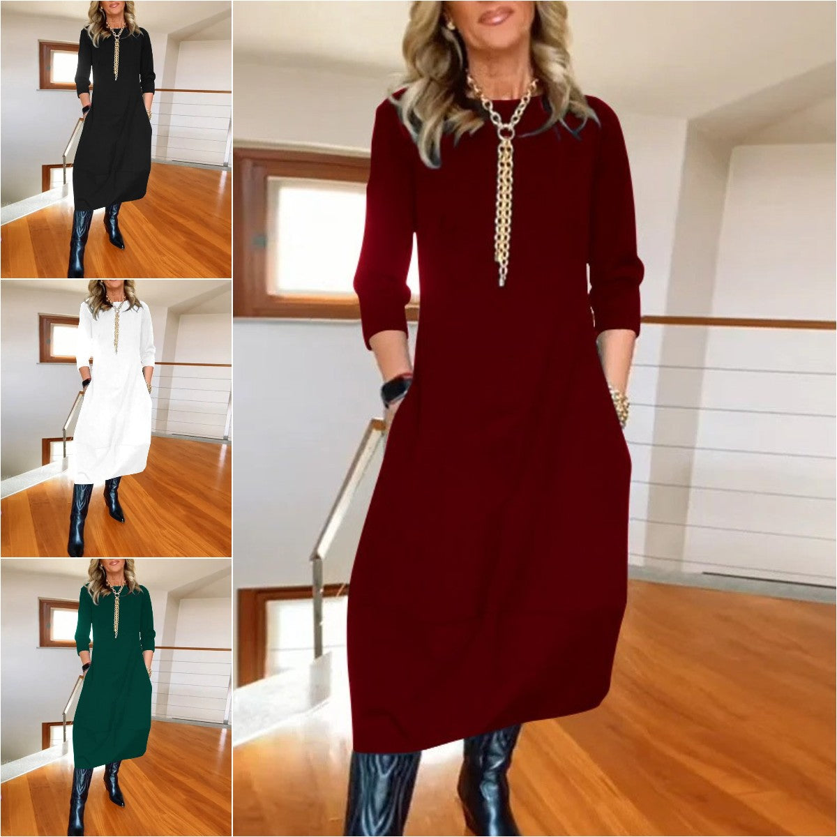 👗 Elegantna jednobojna haljina s dugim rukavima, udobna i praktična za svakodnevno nošenje