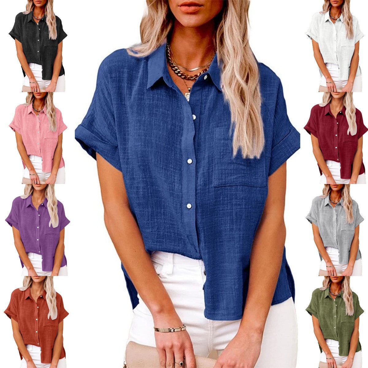 🌼【S-5XL】Cămașă lejeră lejeră din in de culoare uni cu mâneci scurte