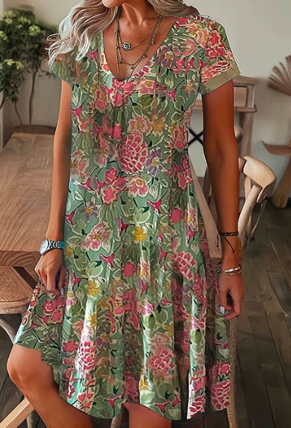 💕【S-5XL】Rochie lejeră de vară cu imprimeu larg, cu decolteu în V și mâneci scurte